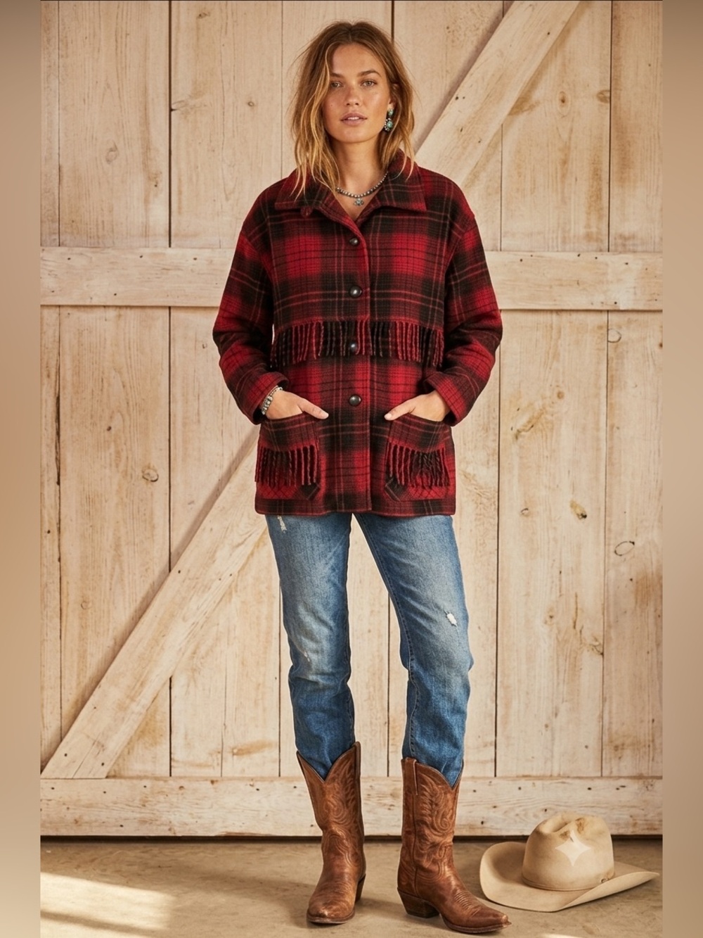 Unisex Red Plaid Fringe Wool blend Jacket Vintage. Size medium